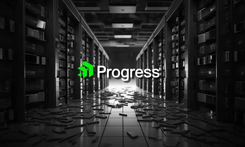 Server room with Progress logo and shattered floor, black and white.