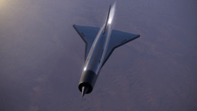 Quarterhorse Mk II hypersonic aircraft flying over a desert landscape.