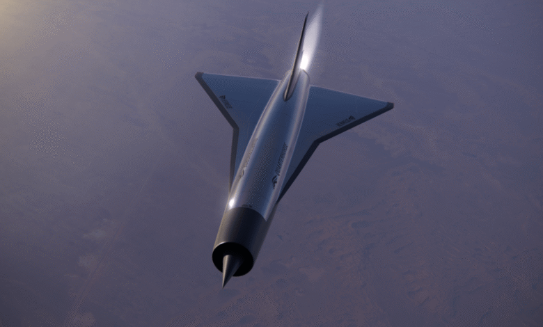 Quarterhorse Mk II hypersonic aircraft flying over a desert landscape.