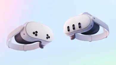 Two white Meta Quest 3 VR headsets floating against a gradient background.