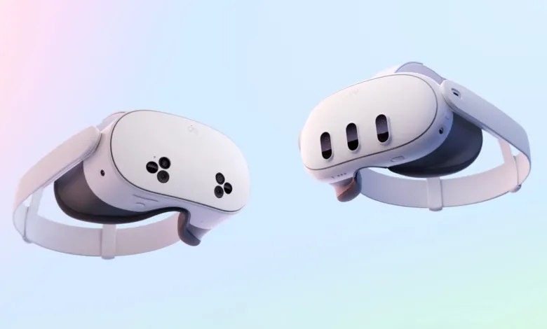 Two white Meta Quest 3 VR headsets floating against a gradient background.