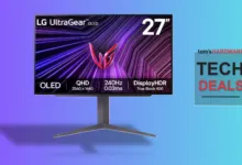 LG UltraGear 27-inch OLED gaming monitor on a colorful background.
