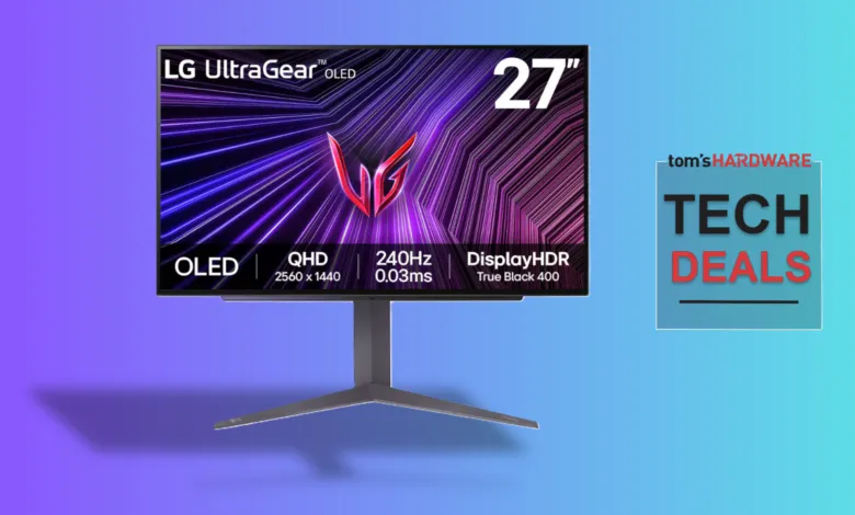 LG UltraGear 27-inch OLED gaming monitor on a colorful background.