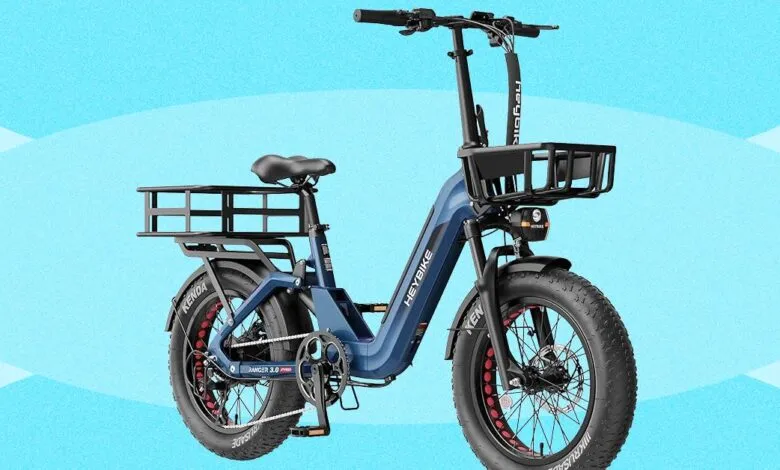 Blue Heybike Comfort Ranger 3.0 Pro e-bike with front and rear baskets.