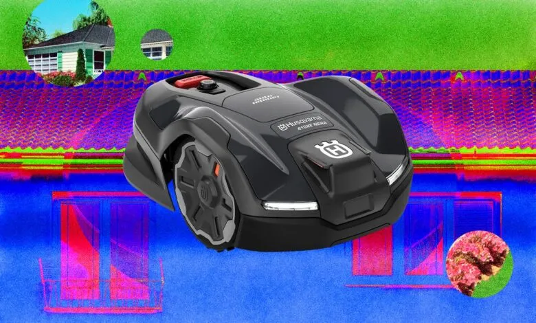 Husqvarna Automower 410XE Nera on a vibrant, digitally altered lawn.