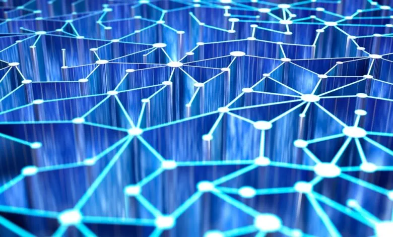 Abstract network of glowing nodes and lines over a blue background.
