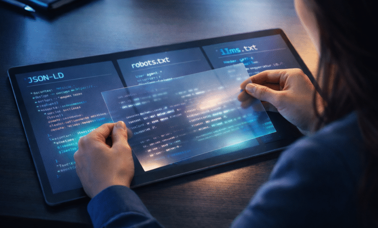 Person holds transparent screen over tablet displaying code, JSON-LD, robots.txt, and 11ms.txt.