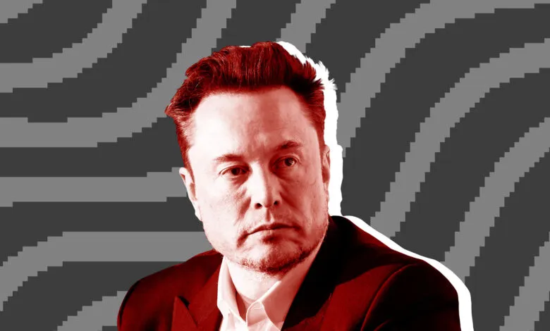 Elon Musk portrait with red tint and gray striped background.