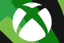 Xbox logo in white against a green and black geometric background.