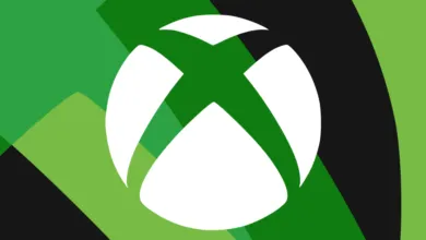Xbox logo in white against a green and black geometric background.
