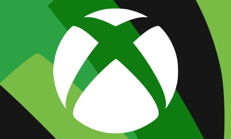 Xbox logo in white against a green and black geometric background.