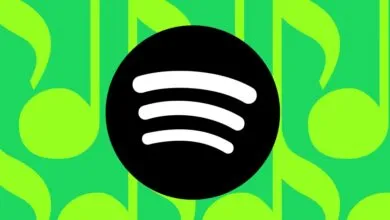 Spotify logo on green background with musical notes.