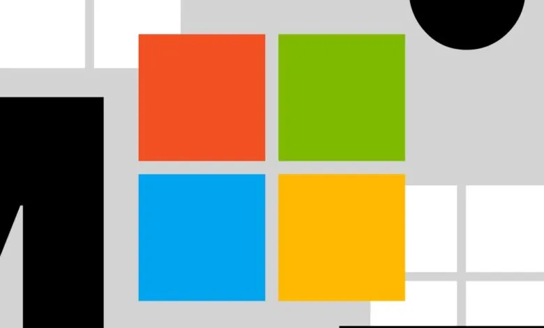 Microsoft logo with orange, green, blue, and yellow squares on gray background.