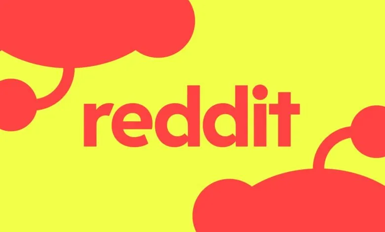 Reddit logo in red on a yellow background with Snoo elements.