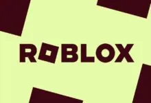Roblox logo in dark red on a light yellow background with geometric shapes.