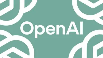 OpenAI logo in white on a teal background with abstract shapes.