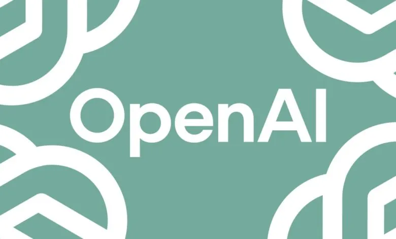 OpenAI logo in white on a teal background with abstract shapes.
