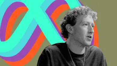Mark Zuckerberg in black and white with colorful abstract background.