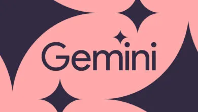 Gemini wordmark in dark blue on pink background with star shapes.