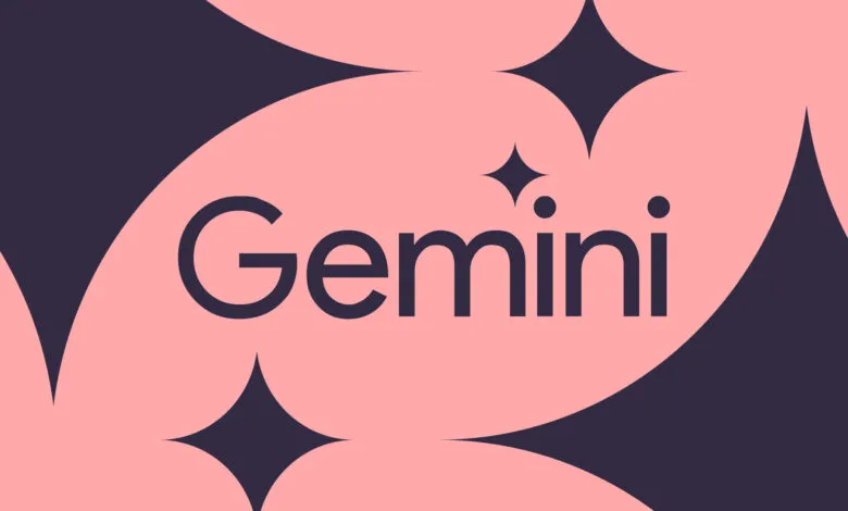 Gemini wordmark in dark blue on pink background with star shapes.