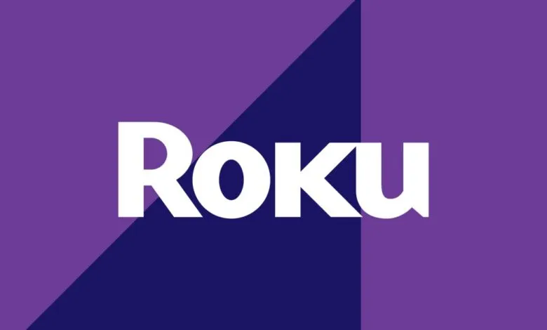 Roku logo in white against a purple geometric background.