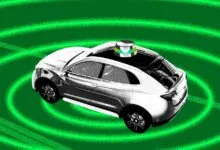 Autonomous car with lidar sensor on green background with concentric circles.