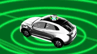Autonomous car with lidar sensor on green background with concentric circles.