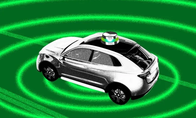Autonomous vehicle with lidar sensor on a green background with concentric circles.