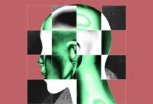 Abstract head profile in green and black, divided into grid-like sections.
