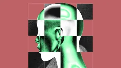 Abstract head profile in green and black, divided into grid-like sections.