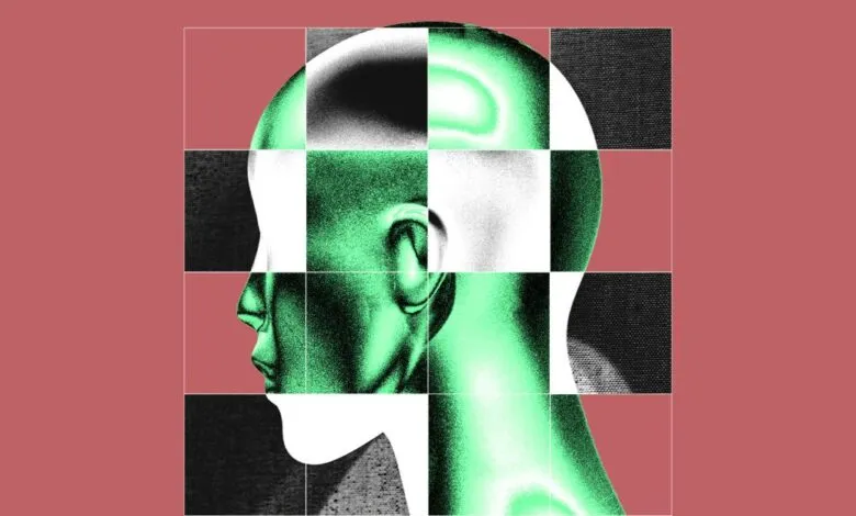 Abstract head profile in green and black, divided into grid-like sections.