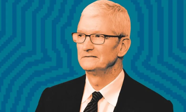 Portrait of Tim Cook, Apple CEO, against a blue geometric background.