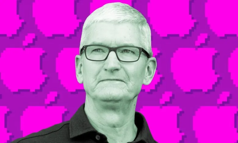 Portrait of Tim Cook, Apple CEO, against a pixelated apple background.