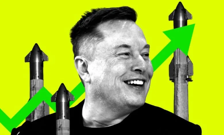 Elon Musk smiles with upward trending arrow and rocket images.