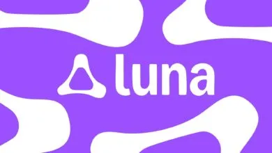 Luna logo in white on a purple background with abstract shapes.