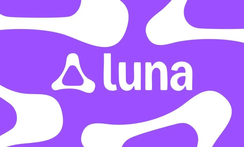 Luna logo in white on a purple background with abstract shapes.