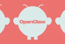OpenClaw logo with stylized robot head on coral background.