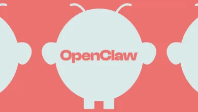 OpenClaw logo with stylized robot head on coral background.