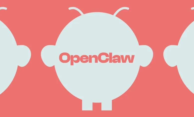 OpenClaw logo with stylized robot head on coral background.