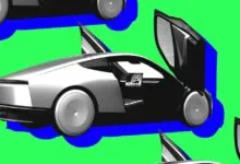 Futuristic silver car with open doors on a vibrant green and blue background.