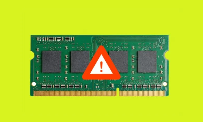 RAM module with a warning sign, indicating a potential problem.