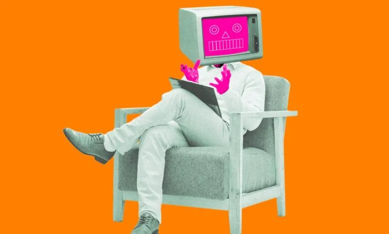 Person with TV head sits in chair, holding a tablet, on orange background.