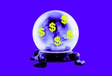 Crystal ball with dollar signs predicts financial future.