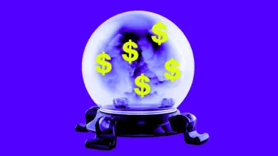Crystal ball with dollar signs predicts financial future.