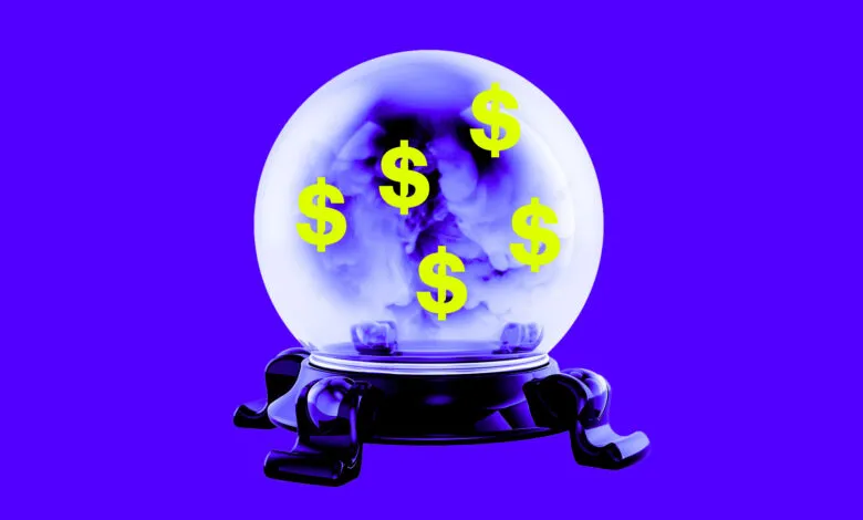 Crystal ball with dollar signs predicts financial future.