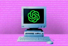 Retro computer displays a green ChatGPT logo on a binary code background.