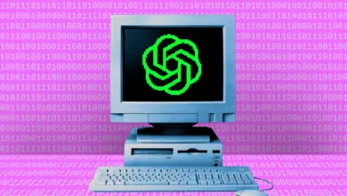 Retro computer displays a green ChatGPT logo on a binary code background.