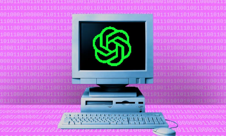 Retro computer displays a green ChatGPT logo on a binary code background.