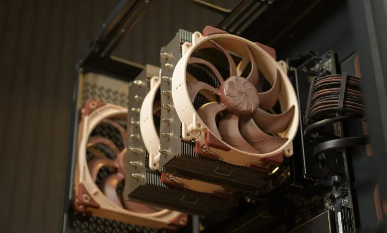 Close-up of a Noctua CPU cooler inside a computer case.