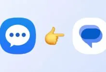 Samsung Messages icon points to Google Messages icon with emoji hand.